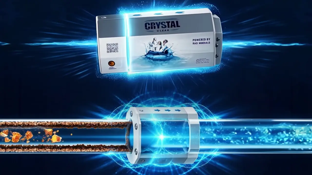 The CRYSTAL CLEAR unit on a pipe: heavy limescale before it, clear water after it